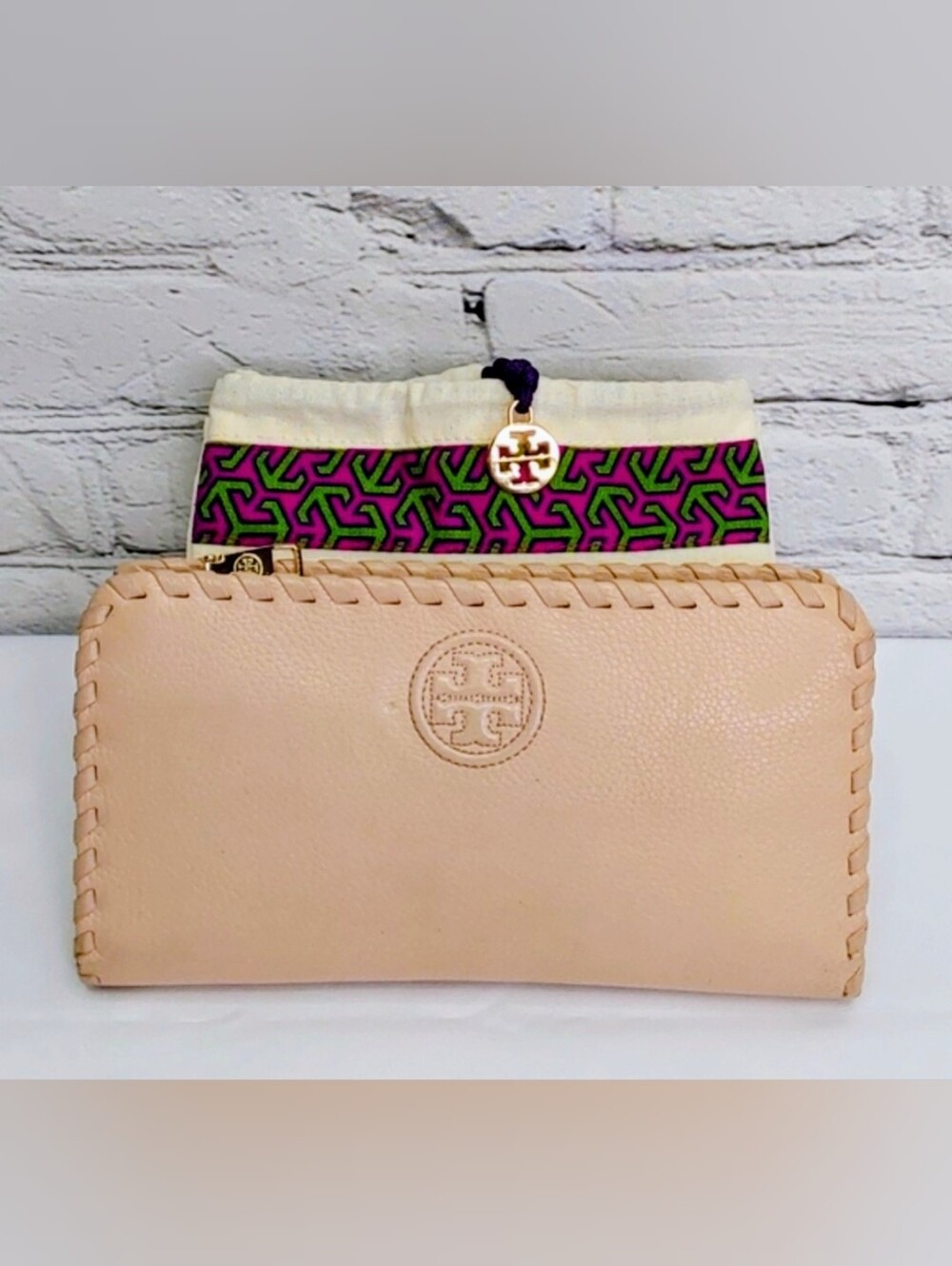 TORY BURCH MARION CONTINENTAL LEATHER WHIPSTITCH DETAIL WALLET & DUST BAG